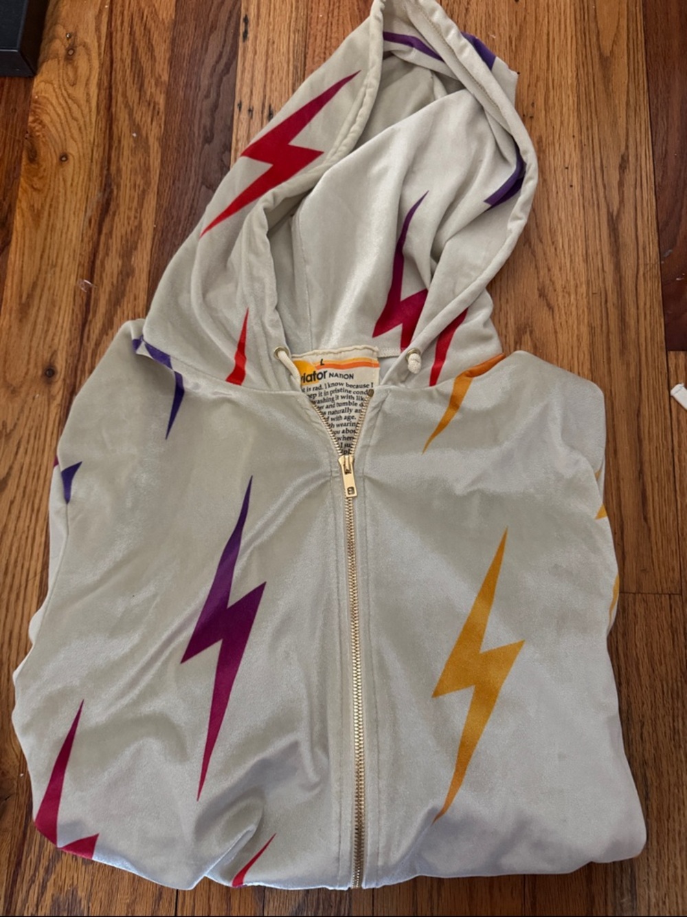 Light Gray/Cream crushed velvet  Hoodie with Colorful Lightning Bolts
